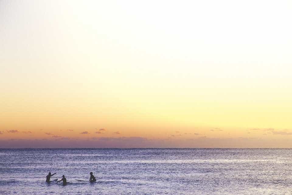 Swimmers in a calm sea at sunset under a soft golden sky